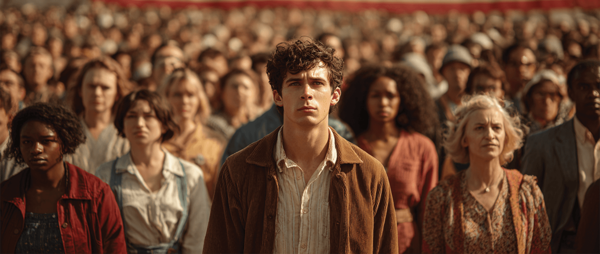 A diverse group of people standing together in front of the American flag