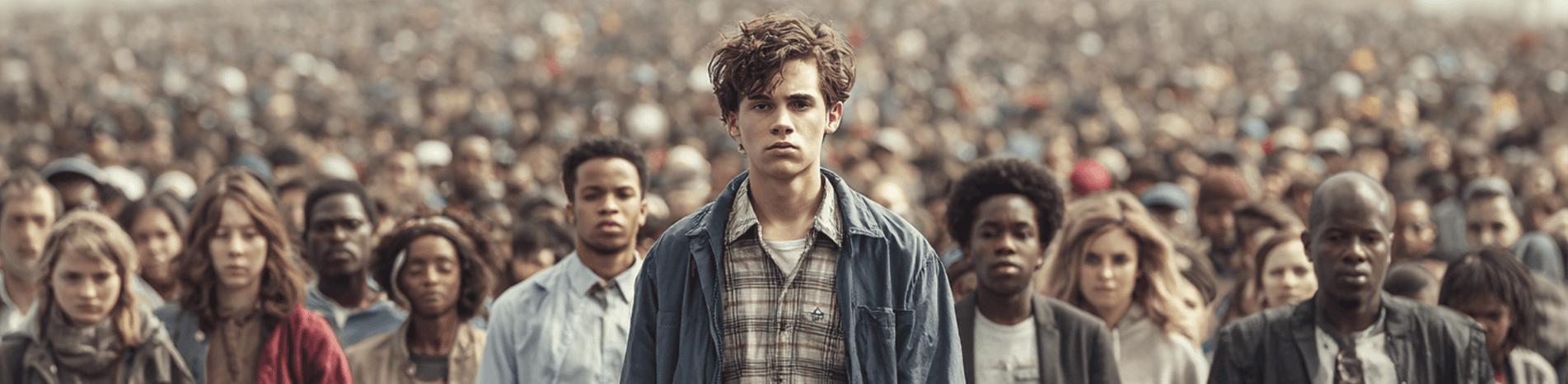Crowd with a young man in the foreground looking forward with a serious expression