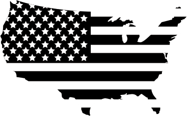 United States map silhouette filled with a black-and-white American flag pattern