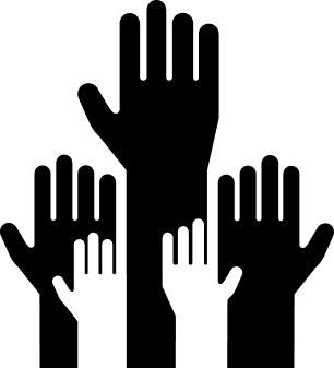 Multiple hands raised in the air representing civic participation