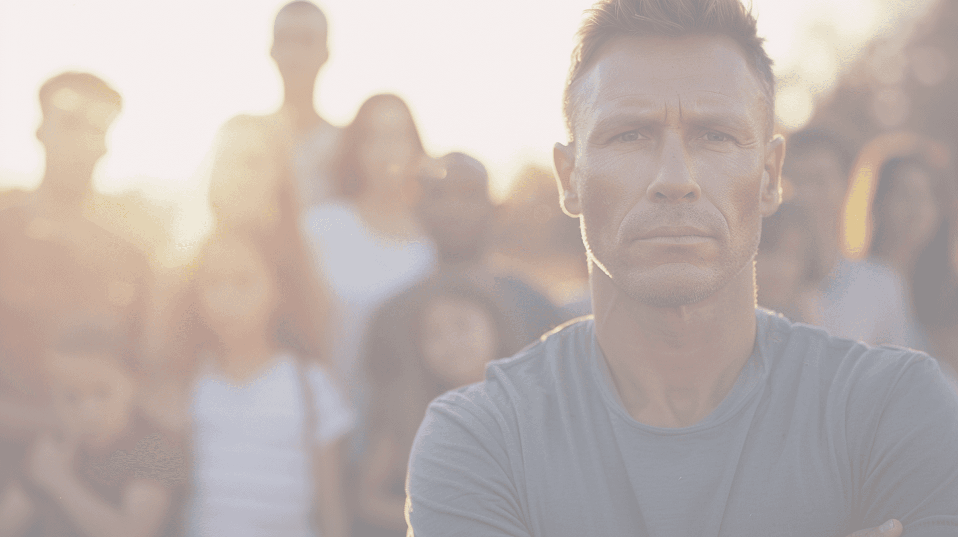 Determined American standing with a crowd